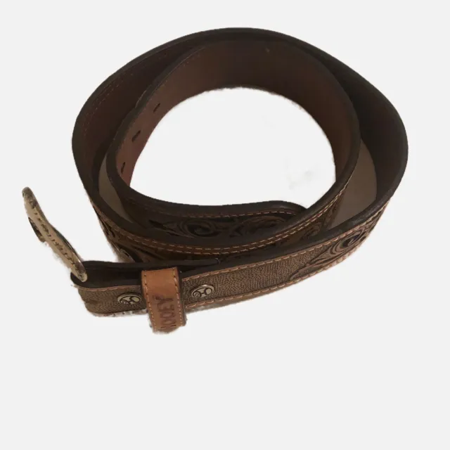Hooey Men Brown With Ivory Inlay Tooled Western Leather Belt Size 36. New.