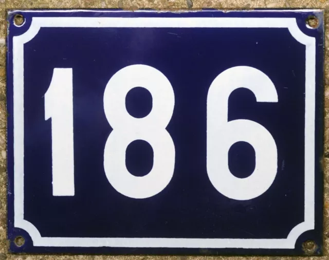 Large old blue French house number 186 door gate plate plaque enamel sign NOS