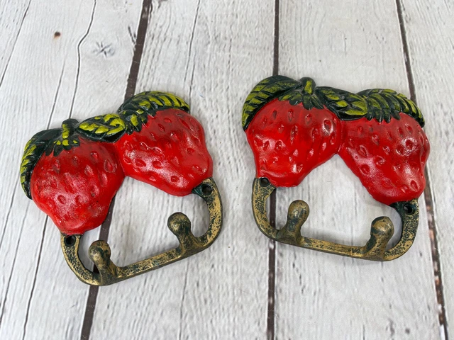 Vintage Set Strawberry Painted Hooks Key Holder Kitchen Potholder Hook Cast Iron