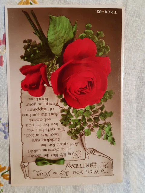 VIntage 21st Birthday postcard red rose Rotary Photo real photo