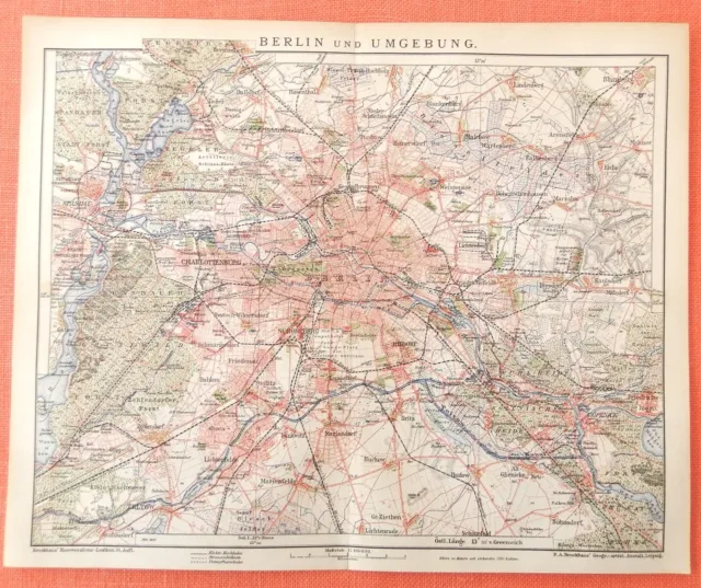 BERLIN  UND UMGEBUNG historische Landkarte Stadtplan 1905 Spandau Lichterfelde