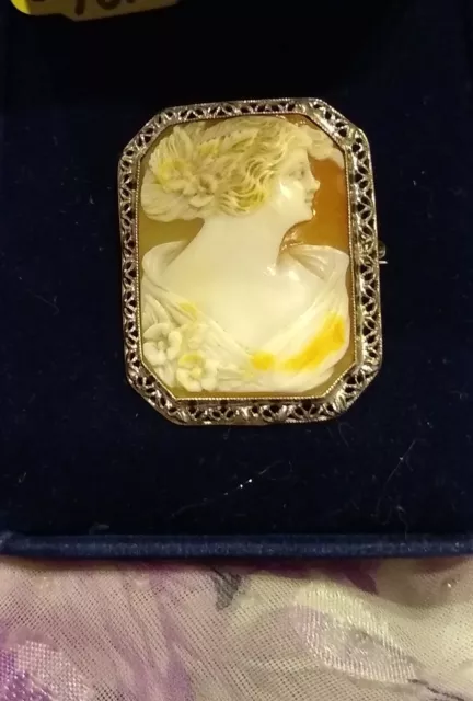 Italian Carved Shell Cameo Pin 10Kt White Filigree Gold 1 3/8" L x 1 1/16"W