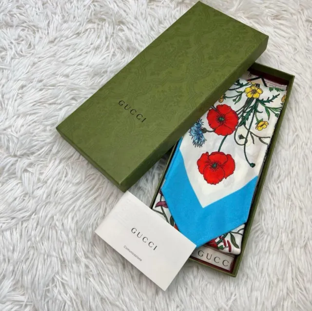 Genuine Gucci 100 Scarf Floral Print Twill Neck Bow Beautiful From Japan 428 80