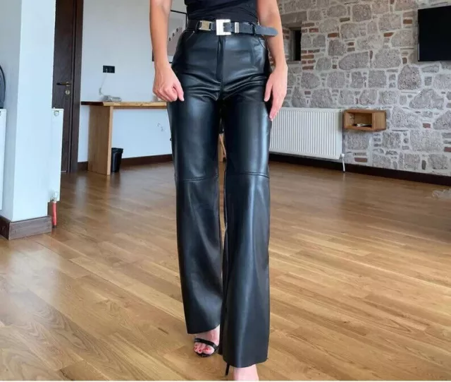 Women Black Real Lambskin leather Stylish Formal Pant Genuine Slim Fit