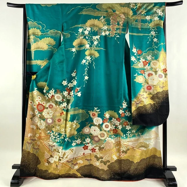 Japanese kimono SILK"FURISODE" long sleeves, Gold thread/leaf, KIK,L5' 3.7".3196