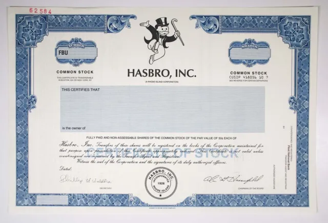RI. Hasbro, Inc., 2000 Odd Shares Specimen Stock Certificate, VF ABNC