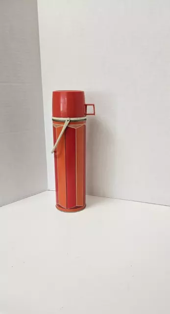 Vintage Thermos Bottle Tall Metal Red & Orange with Cup & Stopper Handle 13"