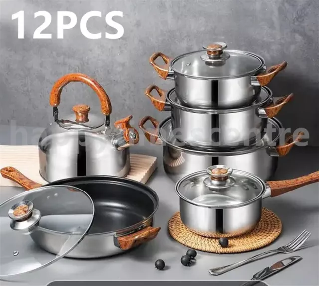 12pcs Stainless Steel Kitchenware Non Stick Cookware Set Pots Pans Cooking Set