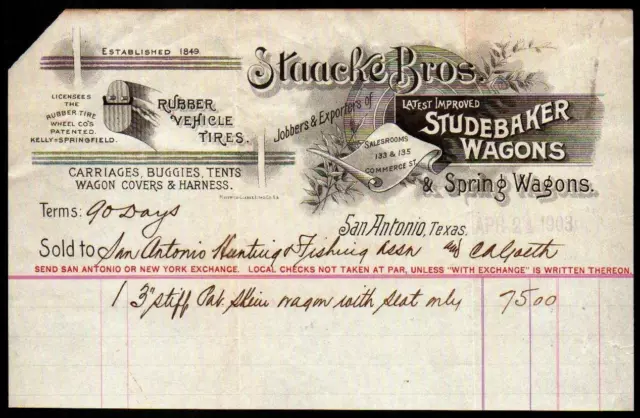 San Antonio TX - Studebaker Wagons Staacke Brothers Tires - Letter Head Bill