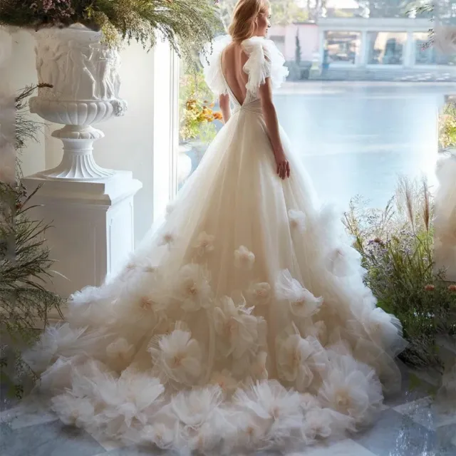 Hochzeitskleid lang Blumenmuster Spitze Stickaufnäher V-Ausschnitt A-Linie Brautkleid