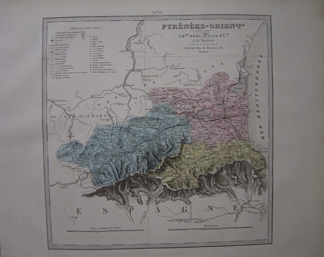 Carte Ancienne Des Pyrénées-Orientales 1866 - Gravure Originale Sur Acier - Numérotée - 38x53cm