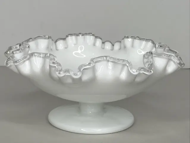 Vintage Fenton Silver Crest Ruffled Edge Milk Glass Compote Bowl 8" with Sticker