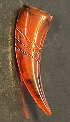 Vtg BAKELITE Cherry Amber Tooth Horn Brooch Catalin Beautiful Banded Pin Lucite