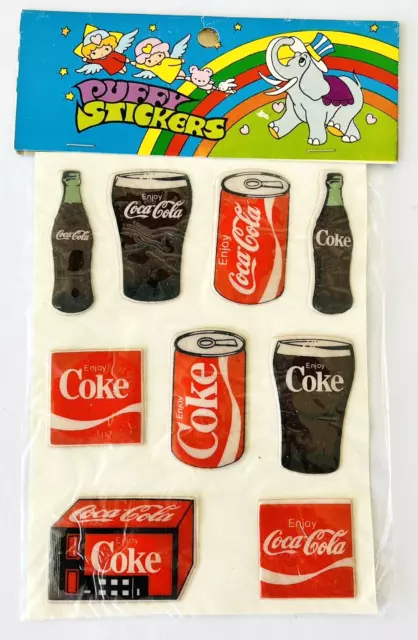 Vintage Coca Cola Puffy Stickers Sheet of 9 Coke Bottles Cans Signs 1980s Taiwan