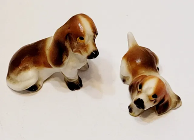 2 pc Vintage Miniature Bone China Basset Hound Puppy Figurine