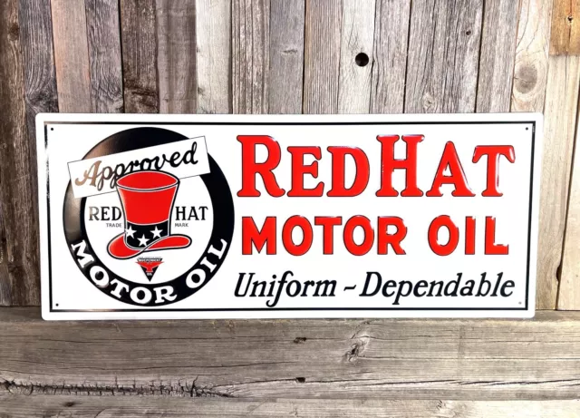 Red Hat Motor Oil Gas Large 24" Embossed Metal Steel Sign Garage Vintage New