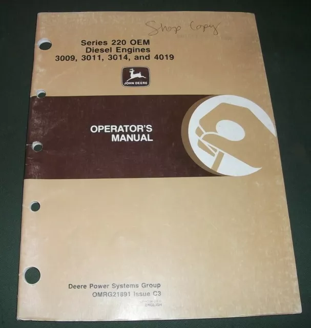 John Deere 220 3009 3011 3014 4019 Motore Diesel Operazione & Cura Manuale