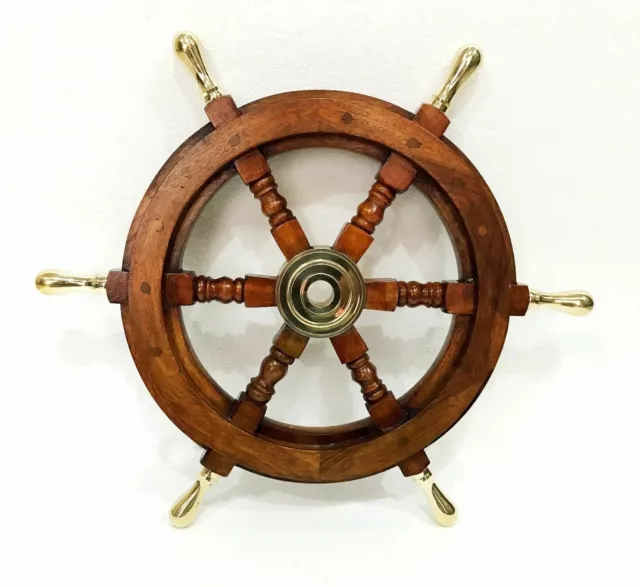 Halloween Brass Handle Wooden Helm Ship Wheel Boat Steering Antique Wall Decor