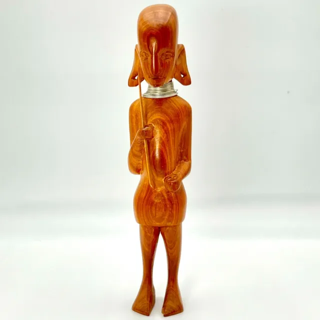 Rare One Of A Kind African Hand Carved Teak Figurine 13” Wood Statue Wire Jewelr