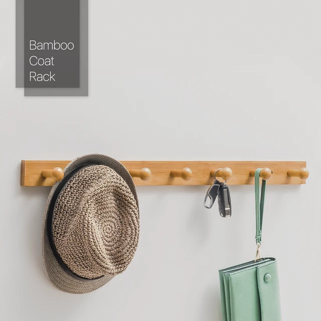 Fitting Room 21" Natural Bamboo [7 HOOKS] Wall Mounted Coat Rack Tote Bag Hanger