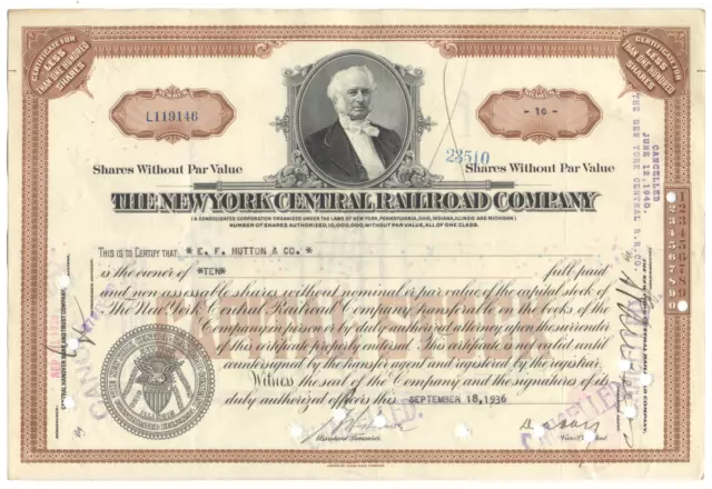 New York Central Railroad Company Stock Certificate (Dated 1930's)