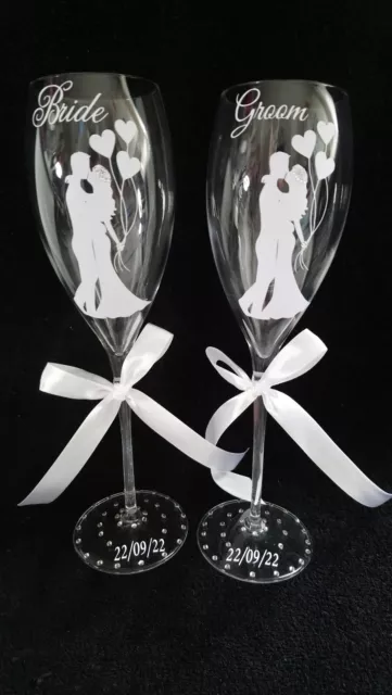 Personalised  Glass Champagne Flutes bride and groom wedding, gift