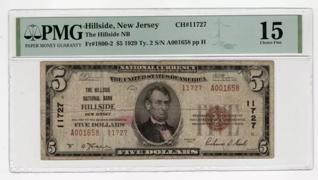 PMG Fine 15 1929 Ty. II $5 The Hillside National Bank, Hillside, NJ Charter 1172