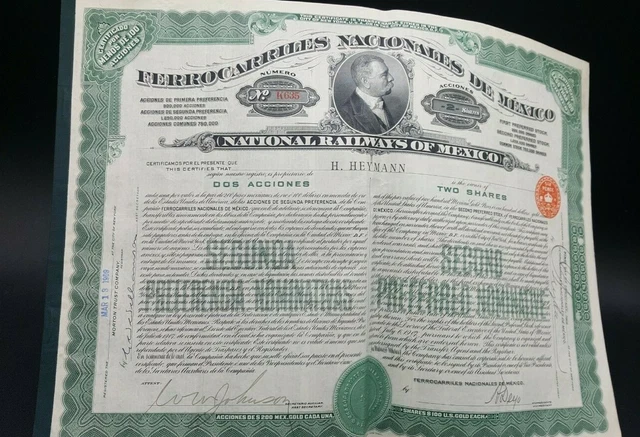 NATIONAL RAILWAYS OF MEXICO 2 Shares 1909 Stock Certificate for framing or prop