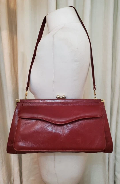 BORSA A TRACOLLA FRANCO Italiano Anni '50 BORDEAUX Vera PELLE Media