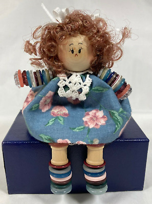 Button Wooden Red Curly Haired Doll 5" Blue Dress Hand Made Self Sitter