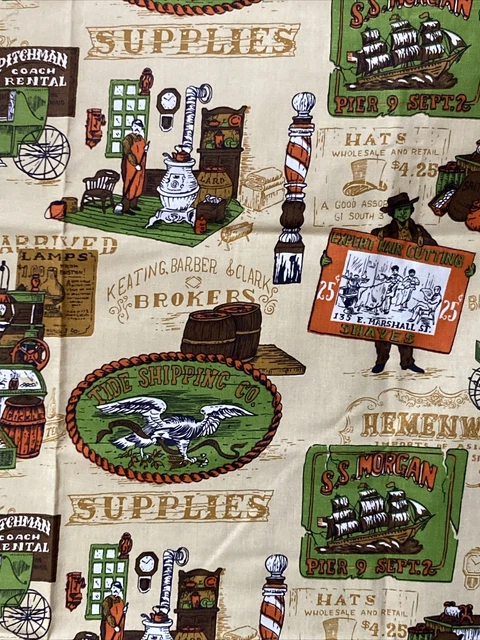 Vintage Fabric Canvas SS Morgan Tide Shipping Co. Avocado Brown Rust on Tan 1.5Y