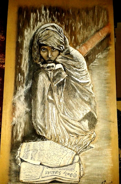 Ragazza India Mc Curry Disegno Su Legno A Carboncino E Gesso - Handmade 30X20 Cm