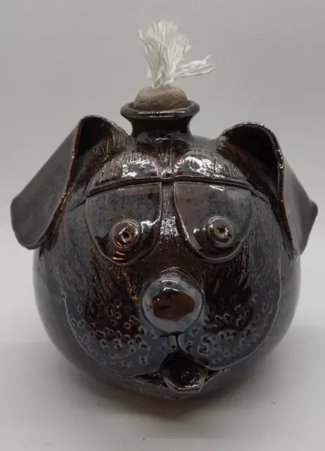 Handcrafted Art Pottery Glazed Stoneware Dog Head Oil Lamp Boanna Pottery 2002