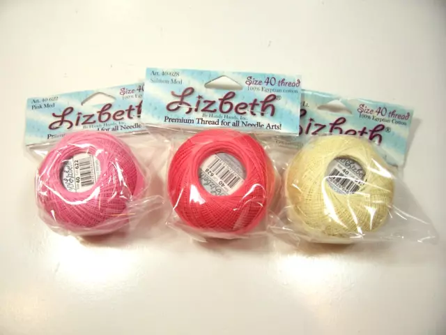 Lizbeth Cotton Tatting Thread, Salmon, Pink, Yellow, 3 Rolls Size 40, Bin 425