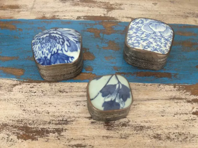 Three Chinese antique porcelain shard and metal trinket boxes