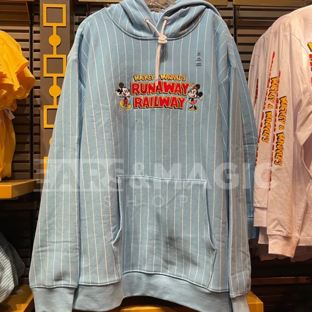 Brand NEW Disney Mickey and Minnie Runaway Railway Striped Light Blue hoodie S