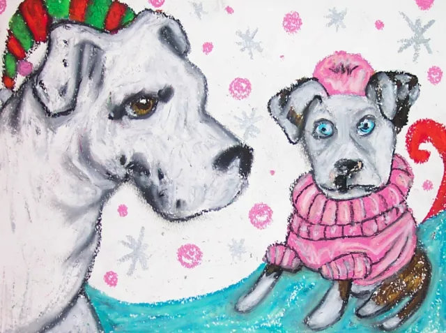 AMERICAN BULLDOG Winter Fashion Dog Art 8 x 10 Signed Print Artist KSams Puppy