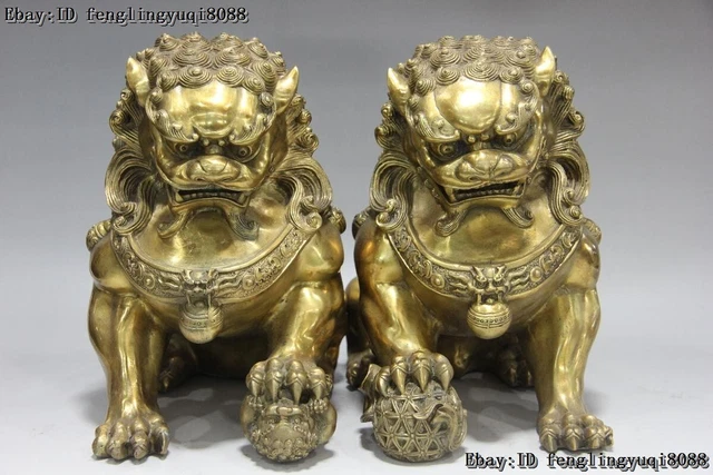 10 Chinese FengShui Copper Brass Evil Door Guardian Fu Foo Dogs Lion Statue Pair