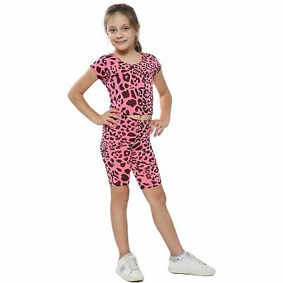 Kids Girls Crop Top & Cycling Short Pink Leopard Print Summer Outfit Sets 5-13 Y
