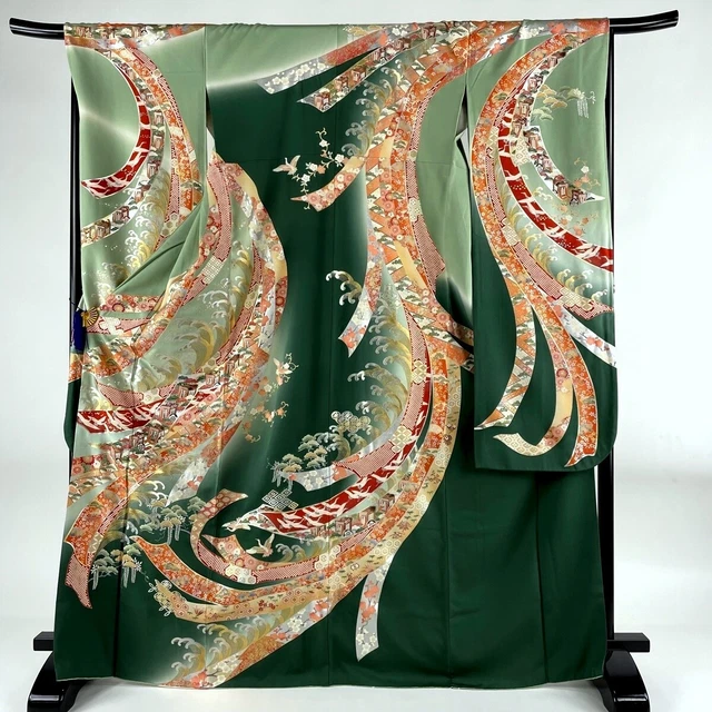 Japanese kimono SILK"FURISODE" long sleeves, Gold/Silver, Swing Ribbon ,66".2278