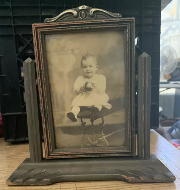 Vtg Art Deco 4”x 6” wooden Swivel Ornate Picture Frame Photo W/Glass