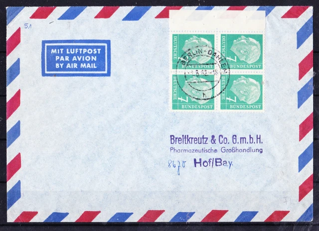 Bund Heuss I, 7 Pf Mi. 181 4er-Block mit Rand auf Lupo Brief reine Mef, Schlegel