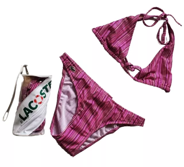 Lacoste Bikini Badeanzug 2-teilig Neckholder Ausschnitt Größe S rosa gestreift neu mit Etui