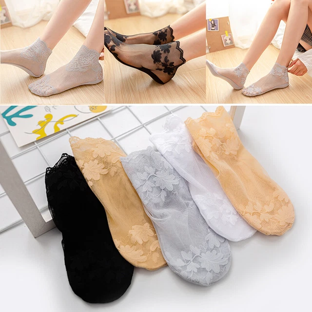 5 Pairs Women Ultrathin Cute Transparent Crystal Silk Lace Elastic Short Socks