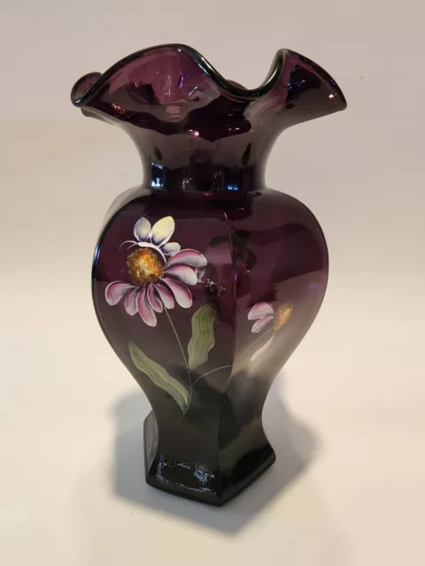 Fenton Art Glass - Purple Vase with Hand-Painted Flowers & Signed by Artist