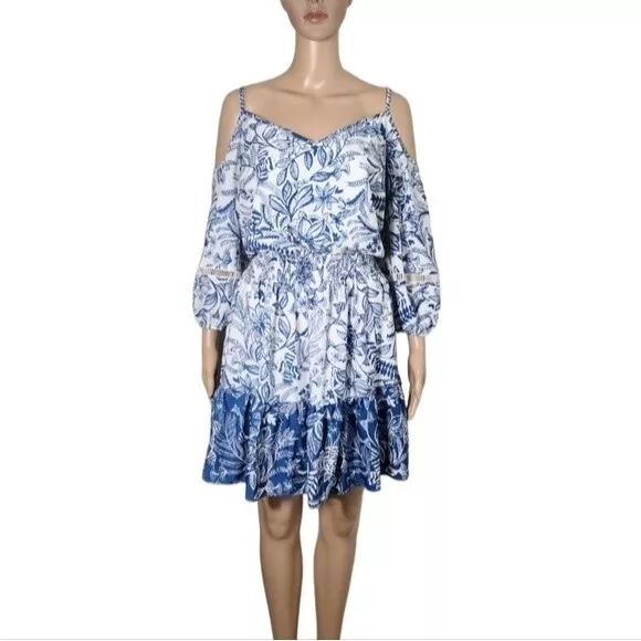𝅺Eliza J Blue and Ivory Cold Shoulder Floral Print Dress Size 14