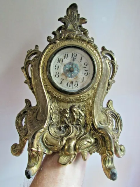 CAST IRON VICTORIAN Mantel Clock 1908 gold tone HAND WIND shelf clock WORKS!