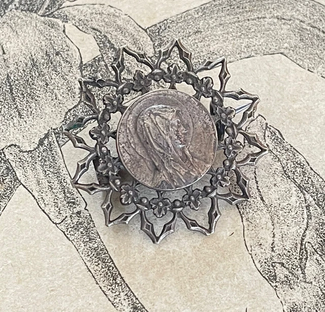 Broche Ancienne En Argent Vierge Marie - Style Vintage - Parfaite Pour Collection Ou Cadeau