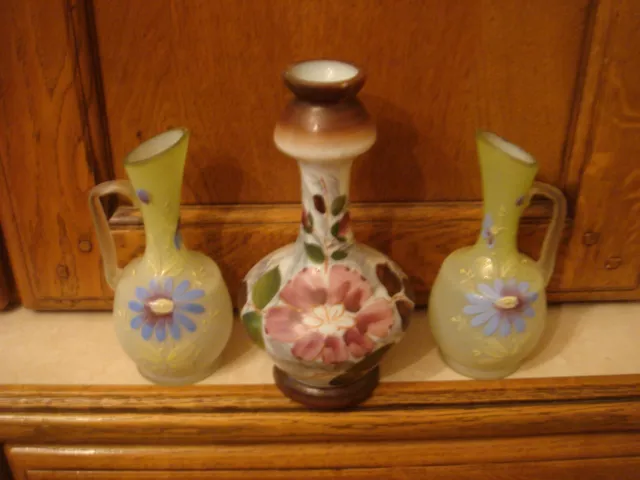 3 x antique victorian hand painted opaline milk glass vases x 3 coloured