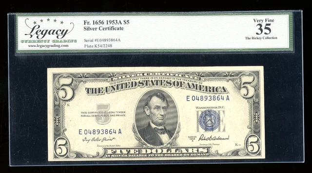 DBR 1953-A $5 Silver Fr. 1656 EA Block Legacy 35 Serial E04893864A